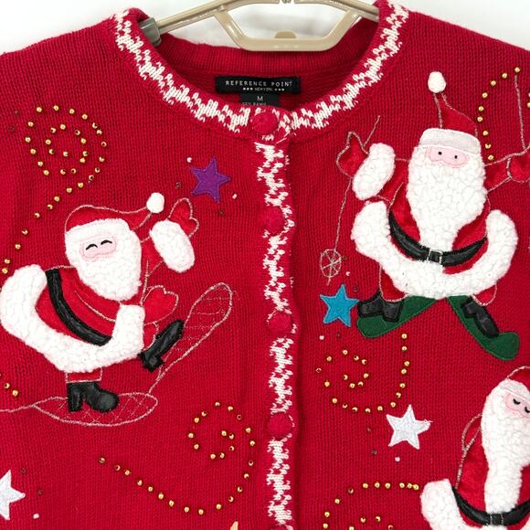 Reference Point Vintage Christmas Santa Cat Cardigan Sweater Size medium - Picture 2 of 8